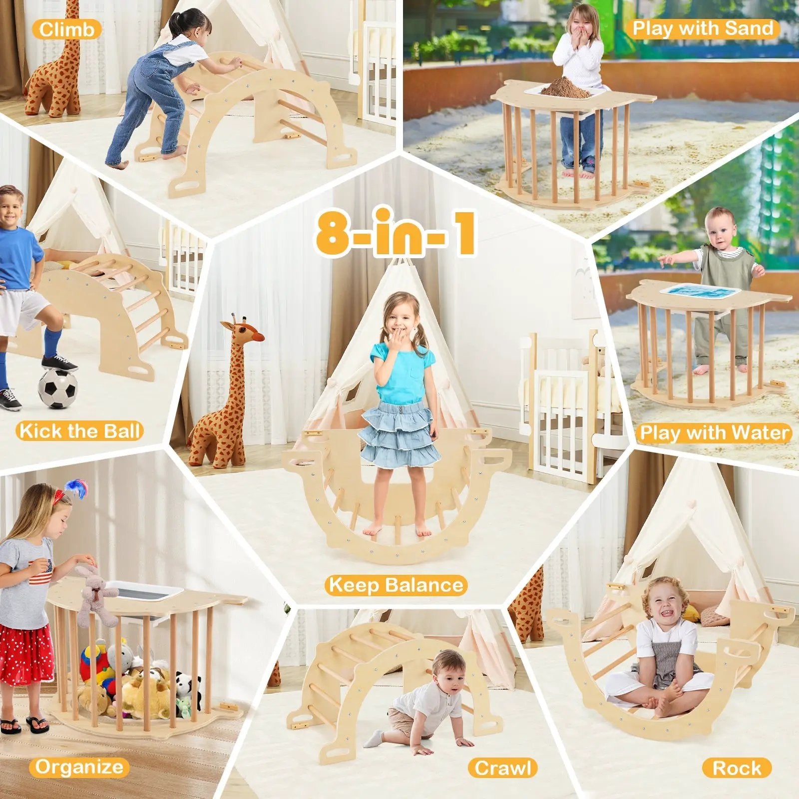 8 in 1 Climbing Arch Sensory Table for Kids with Collapsible Storage Bin for 3+ Years Old-Natural by DirectDeals