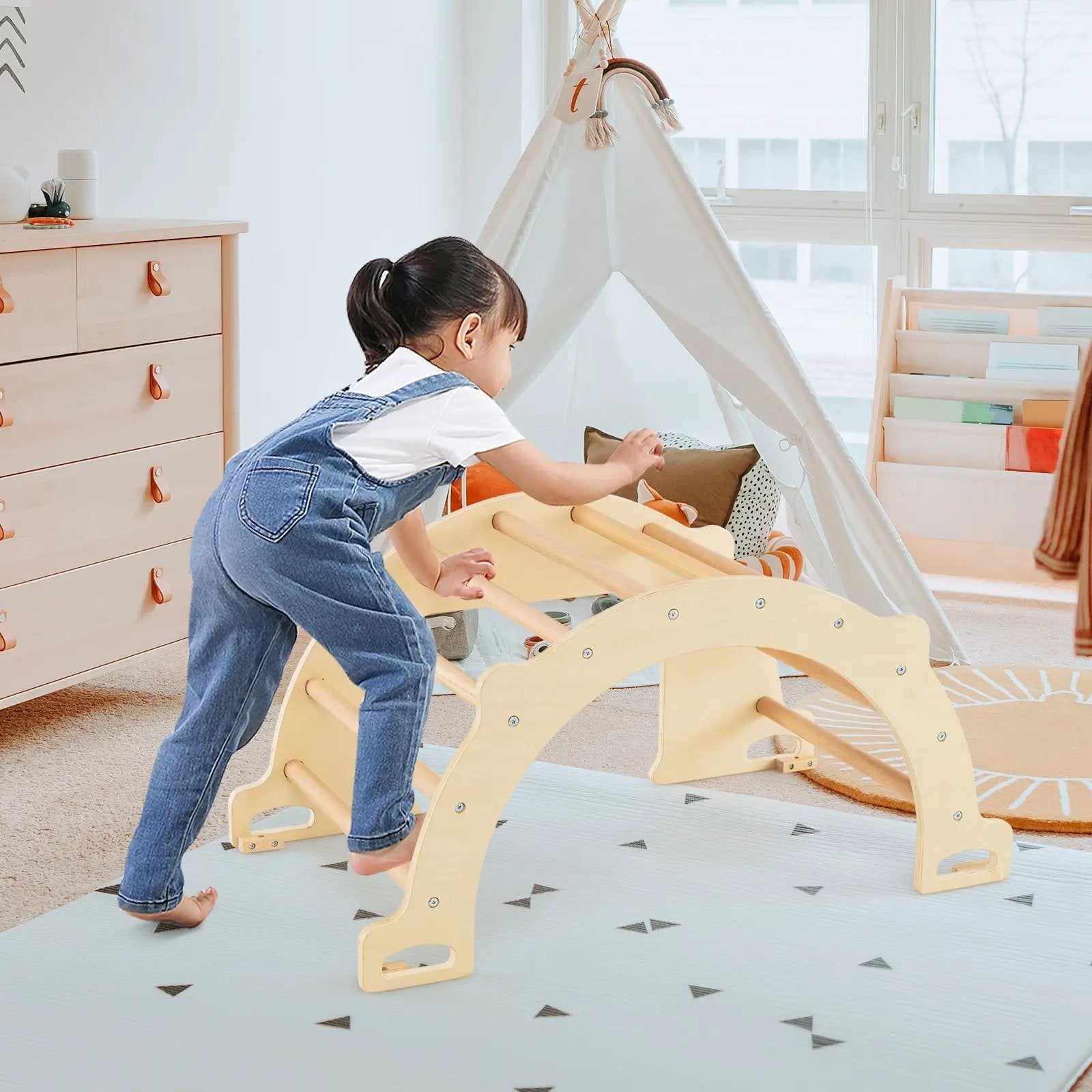 8 in 1 Climbing Arch Sensory Table with Collapsible Storage Bin for Kids-Natural by DirectDeals
