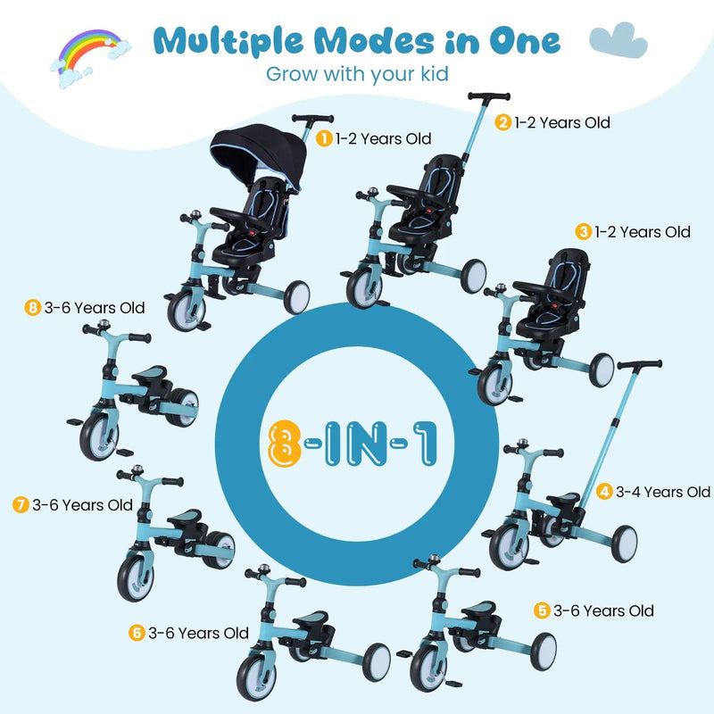 8-in-1 Folding Kids Tricycle with Removable Canopy and Push Handle by DirectDeals