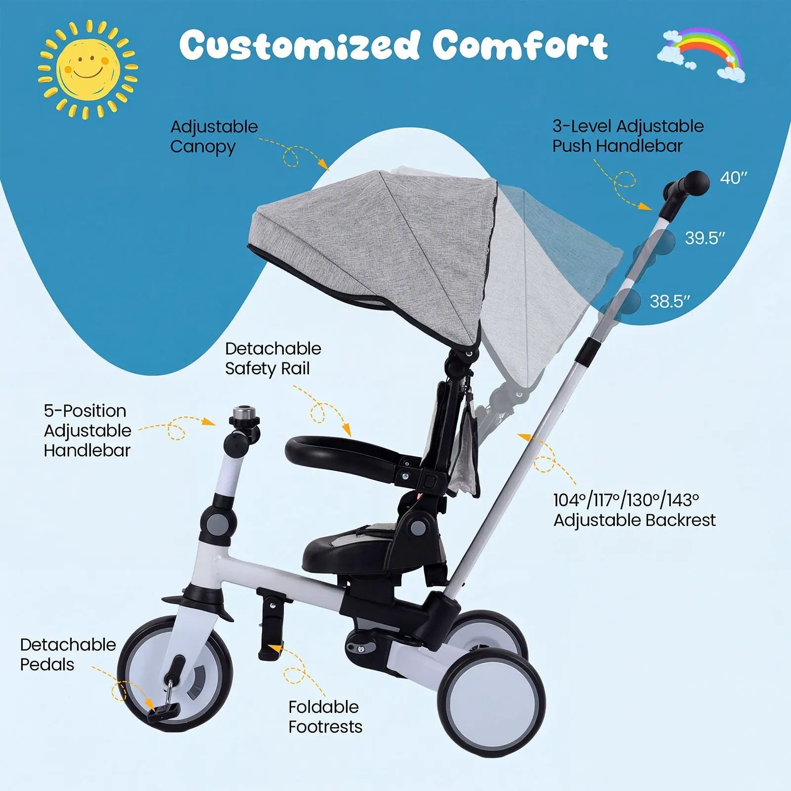 8-in-1 Folding Kids Tricycle with Removable Canopy and Push Handle by DirectDeals