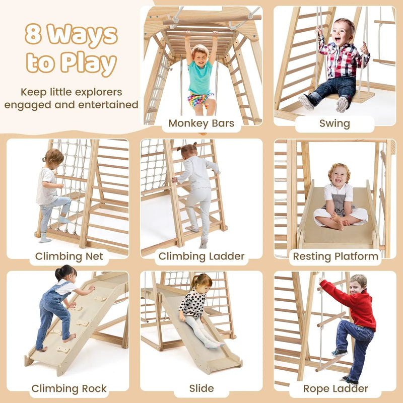 8-in-1 Jungle Gym Wooden Montessori Climber Playset with Slide and Monkey Bar for Kids 3-5 Years Old by DirectDeals