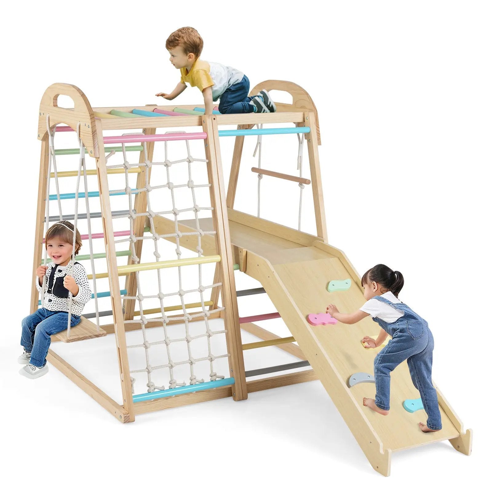 8-in-1 Jungle Gym Wooden Montessori Climber Playset with Slide and Monkey Bar for Kids 3-5 Years Old by DirectDeals