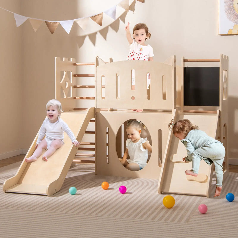 8-in-1 Toddler Slide Wooden Indoor Playground with Climber and Chalkboard-Natural by DirectDeals