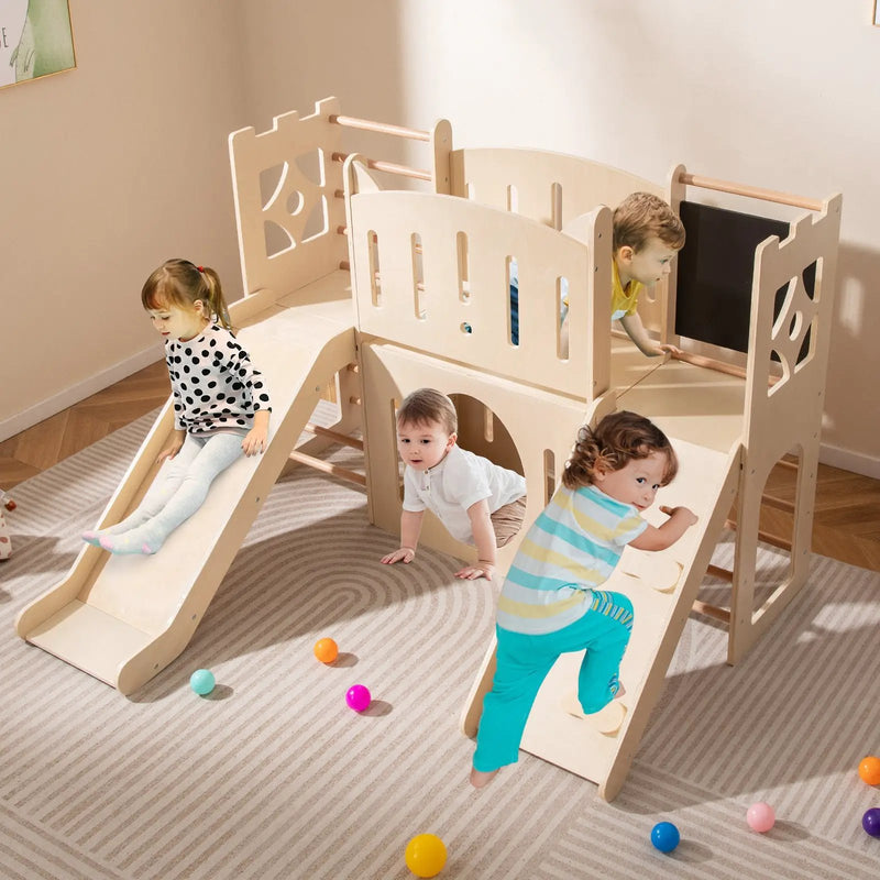 8-in-1 Toddler Slide Wooden Indoor Playground with Climber and Chalkboard-Natural by DirectDeals