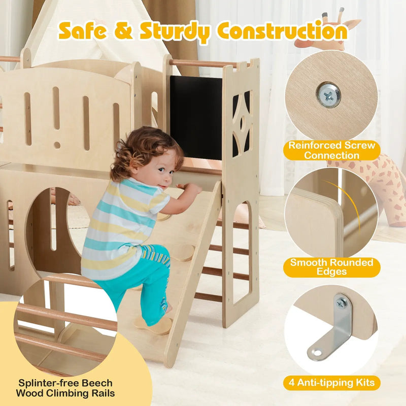 8-in-1 Toddler Slide Wooden Indoor Playground with Climber and Chalkboard-Natural by DirectDeals