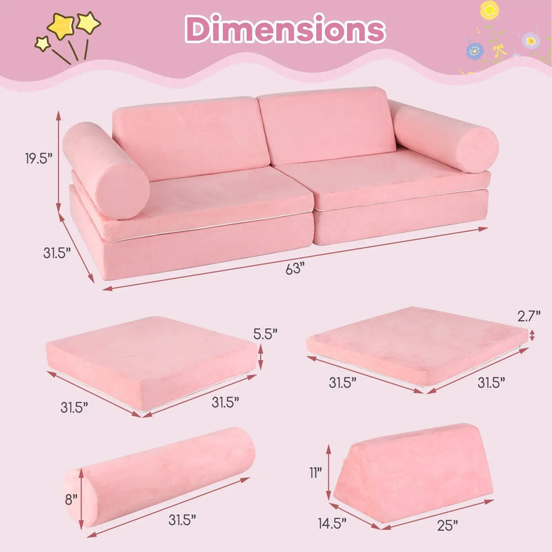 8 Pieces Kids Play Couch Foam Building Fort Play Set with Suede Cover-Pink by DirectDeals
