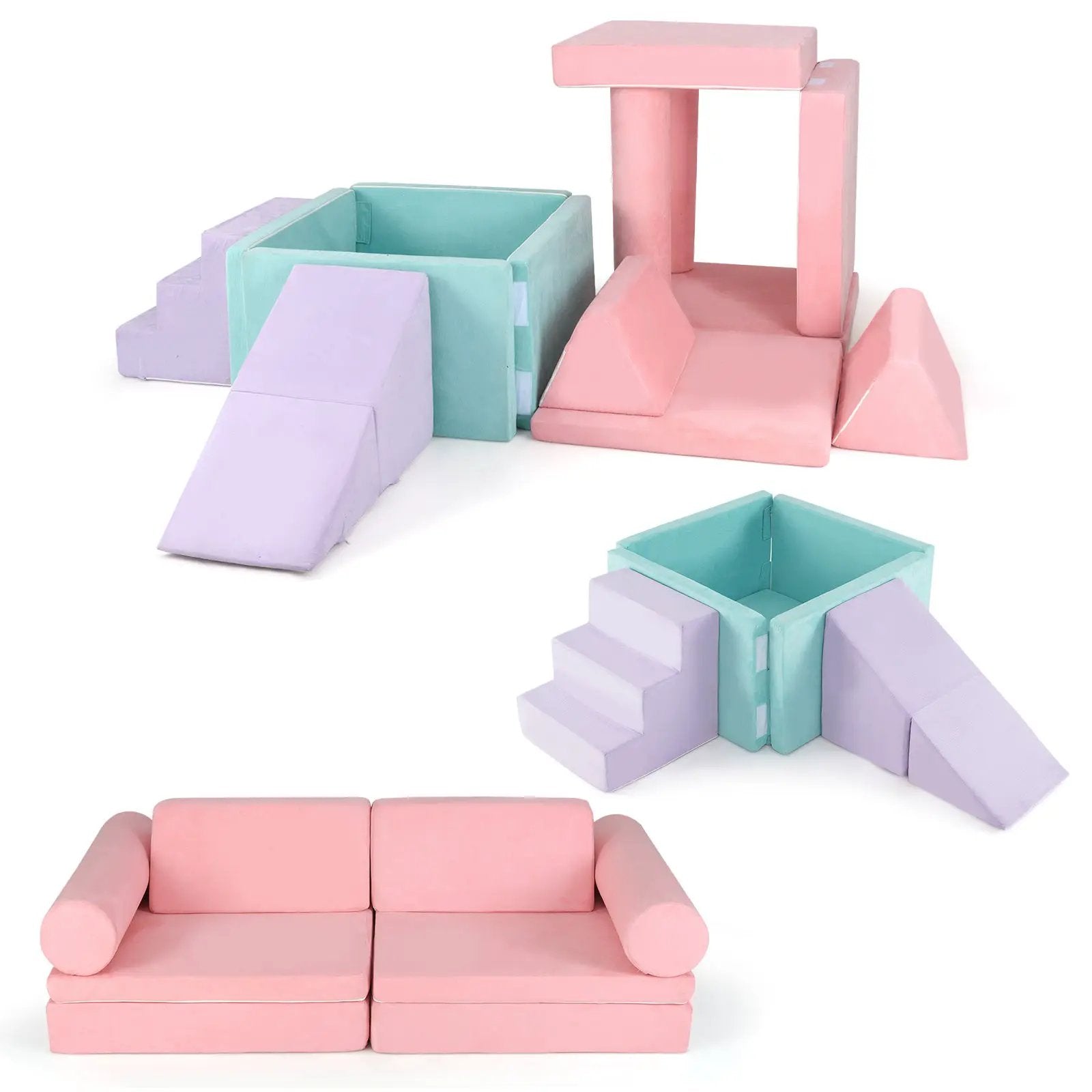 8 Pieces Kids Play Couch Foam Building Fort Play Set with Suede Cover-Pink by DirectDeals