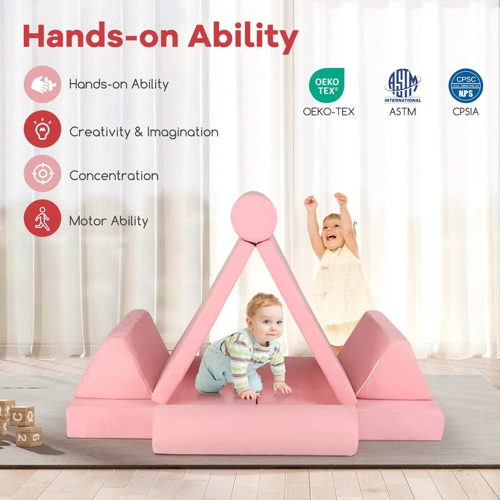 8 Pieces Kids Play Couch Foam Building Fort Play Set with Suede Cover-Pink by DirectDeals