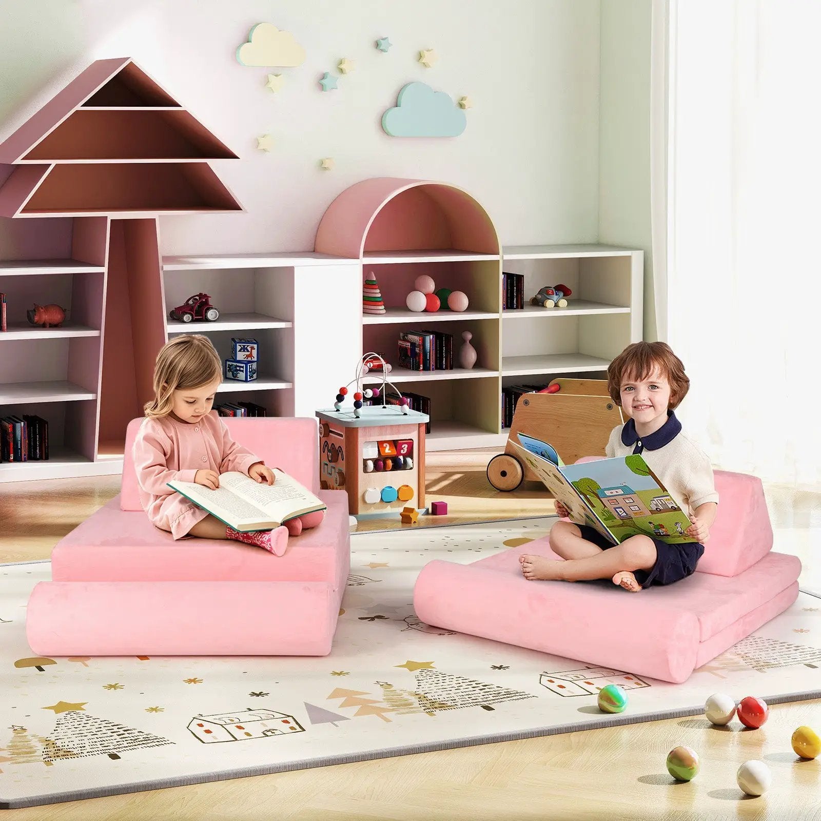 8 Pieces Kids Play Couch Foam Building Fort Play Set with Suede Cover-Pink by DirectDeals