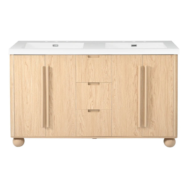 Double Sink Bathroom Vanity With Sinks, Soft Close Doors & 3 Drawers - Wood