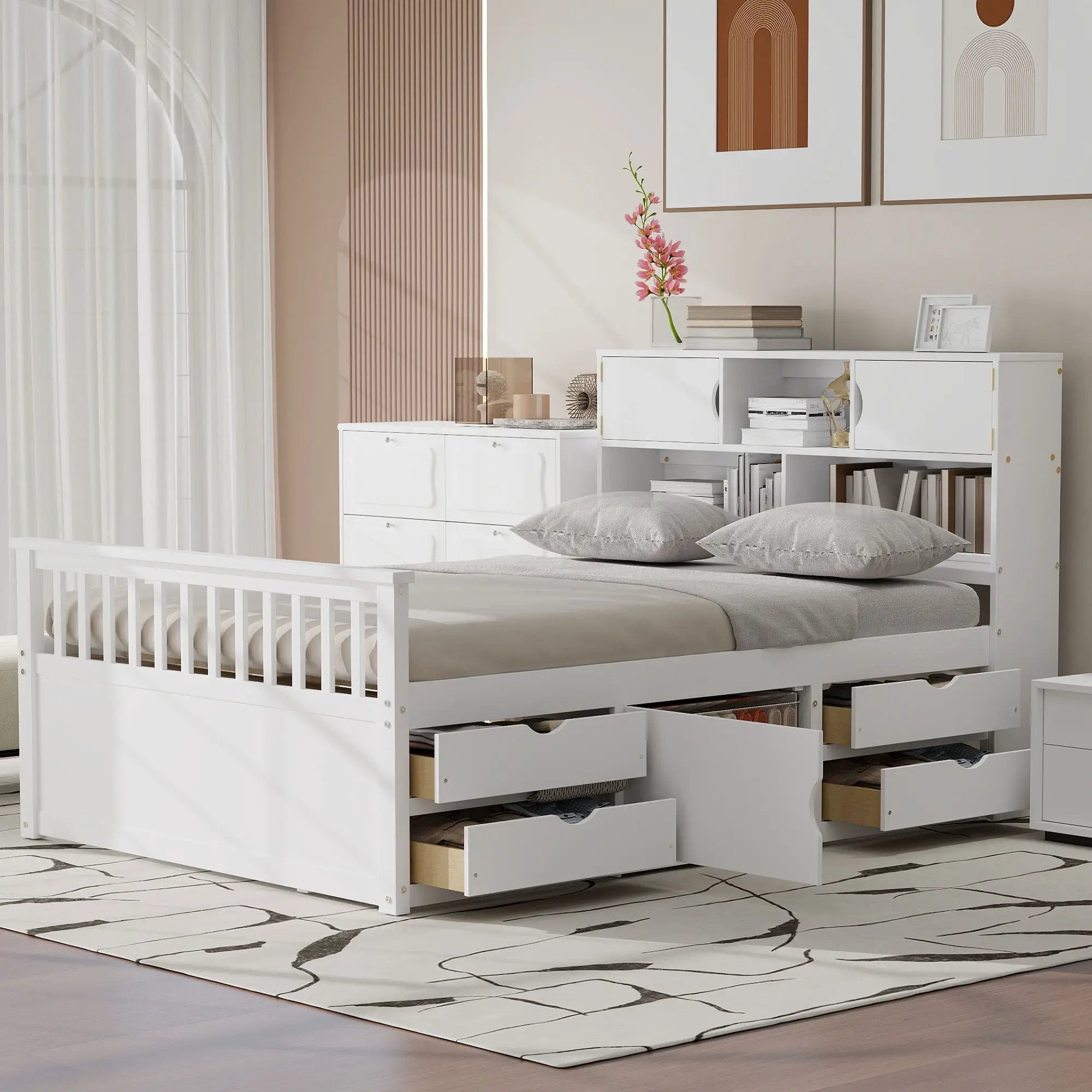 Captain Platform Bed Frame With Bookcase Headboard, 4 Drawers, Storage Shelves by Unique Piece Furniture