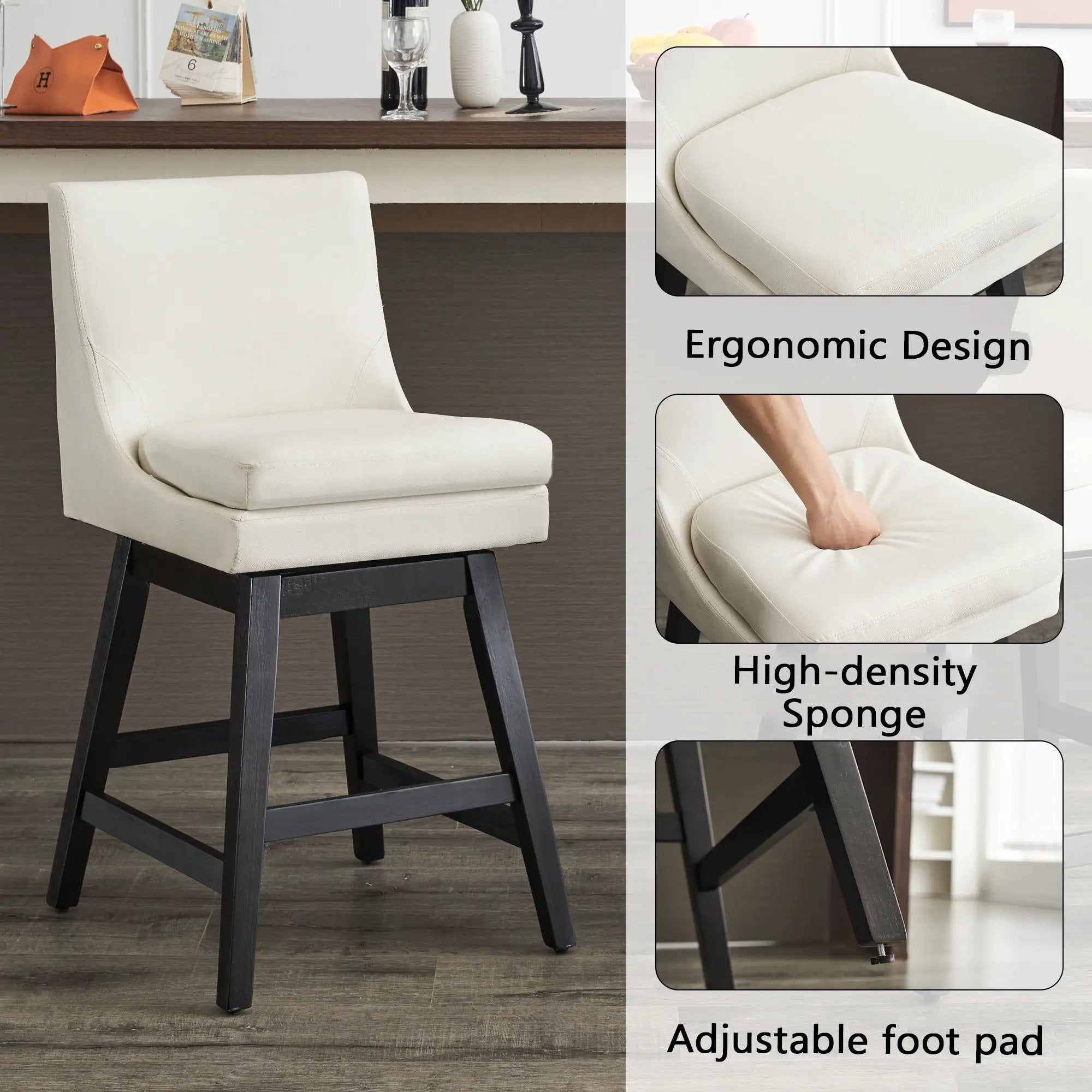 Upholstered Swivel Bar Stools With Ergonomic Design (Set of 2) - Cream White by HouseOfZazla