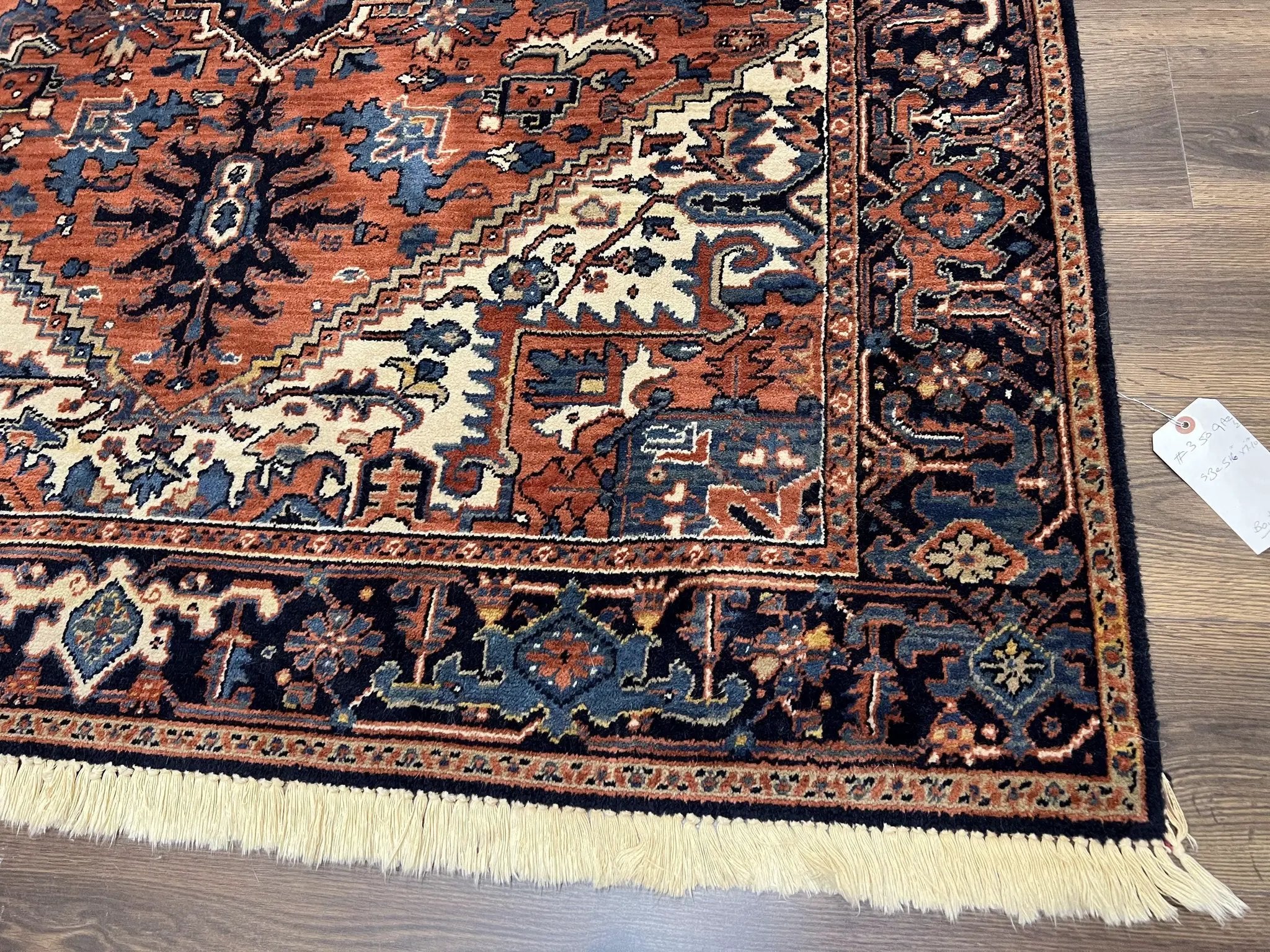 Heriz Rug 5.6 x 8, Geometric Medallion, Wool Oriental Carpet, Tribal Boho Rug, Red Navy Blue Cream, Belgium Power Loomed Rug, Medium Sized by Jewel Rugs