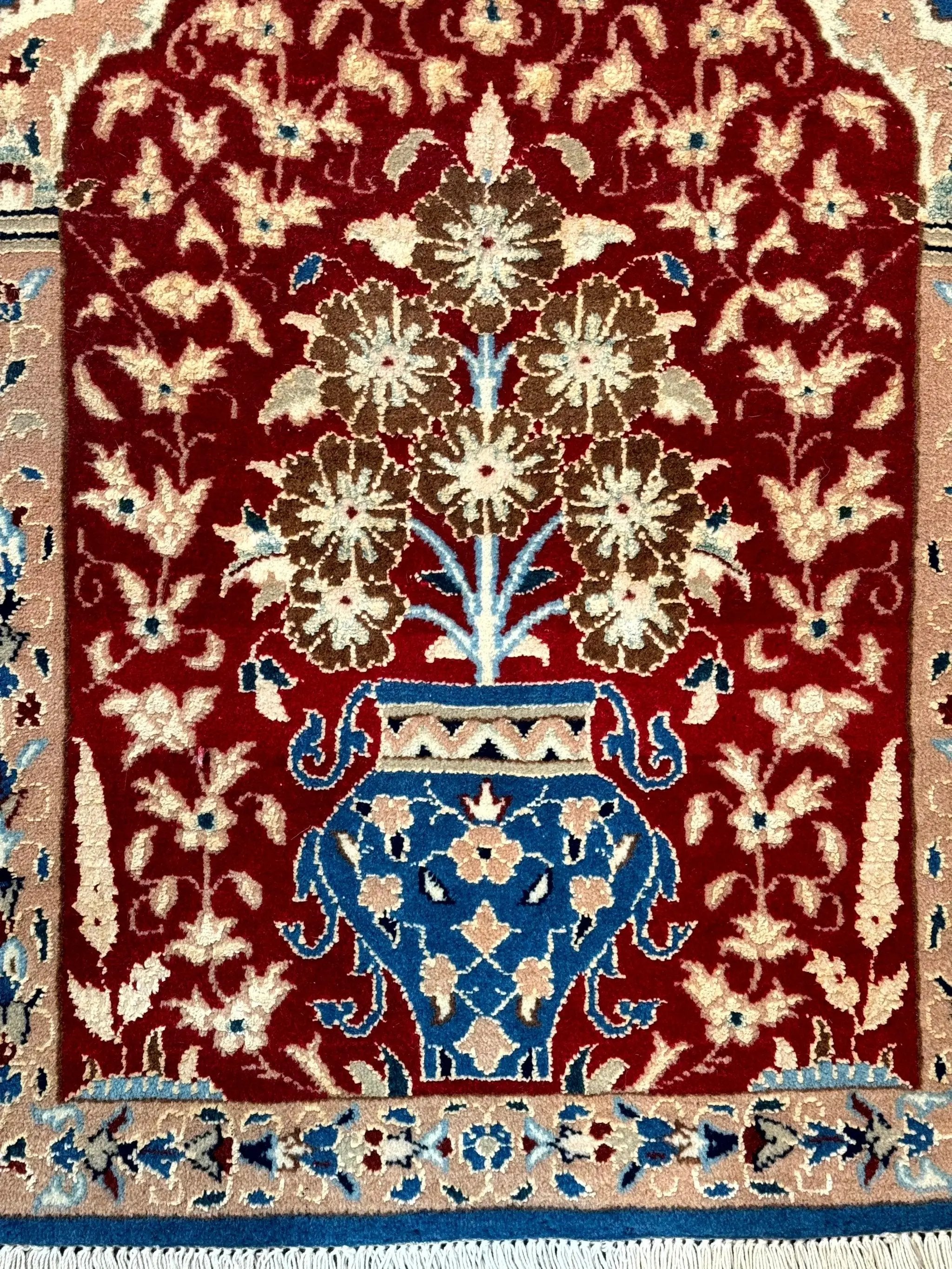 Small Persian Nain Rug, Persian Vase Tree of Life Design, Red and Blue, Very Fine 260 KPSI, Wool and Silk Highlights by Jewel Rugs