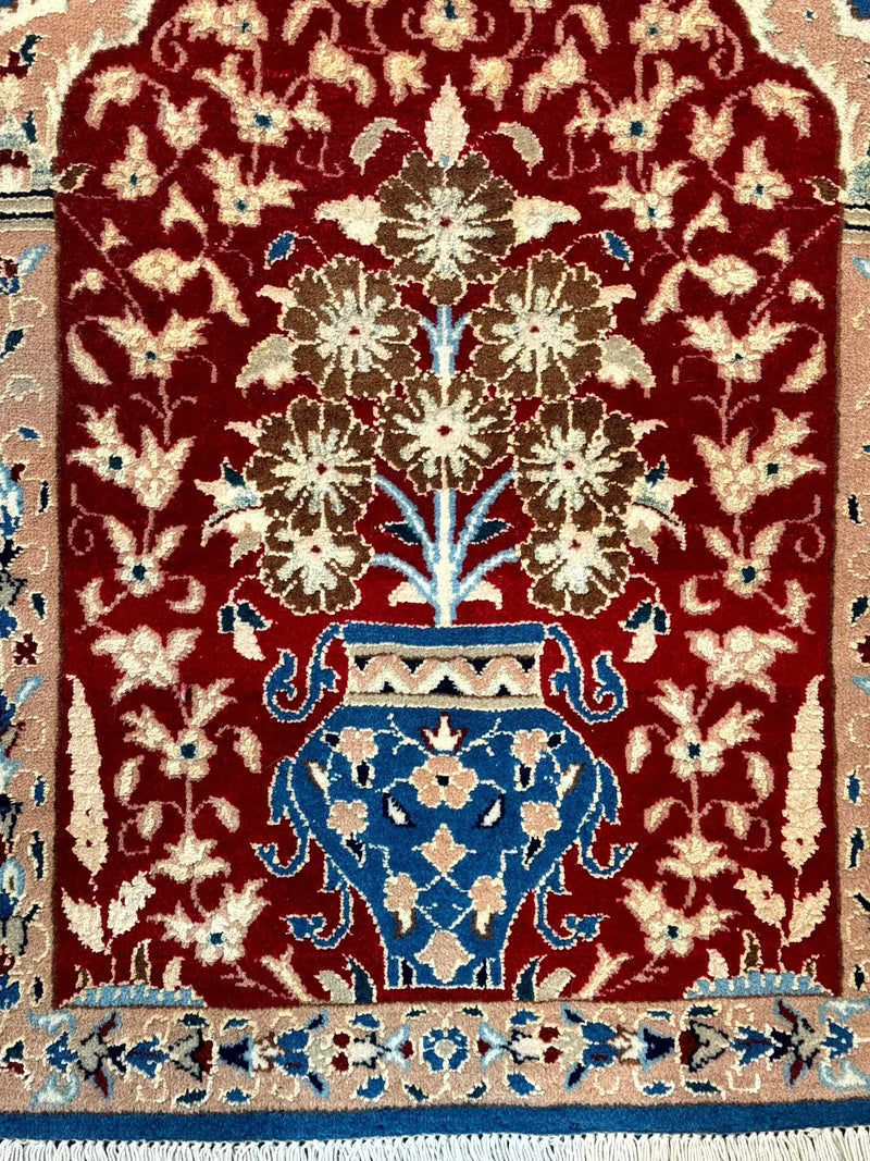 Small Persian Nain Rug, Persian Vase Tree of Life Design, Red and Blue, Very Fine 260 KPSI, Wool and Silk Highlights by Jewel Rugs