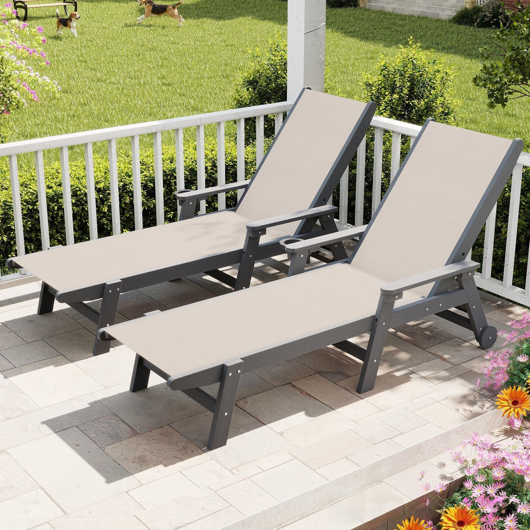 Outdoor Pool Lounge Chairs Set of 2 with HDPE Frame and Adjustable Backrest by HouseOfZazla