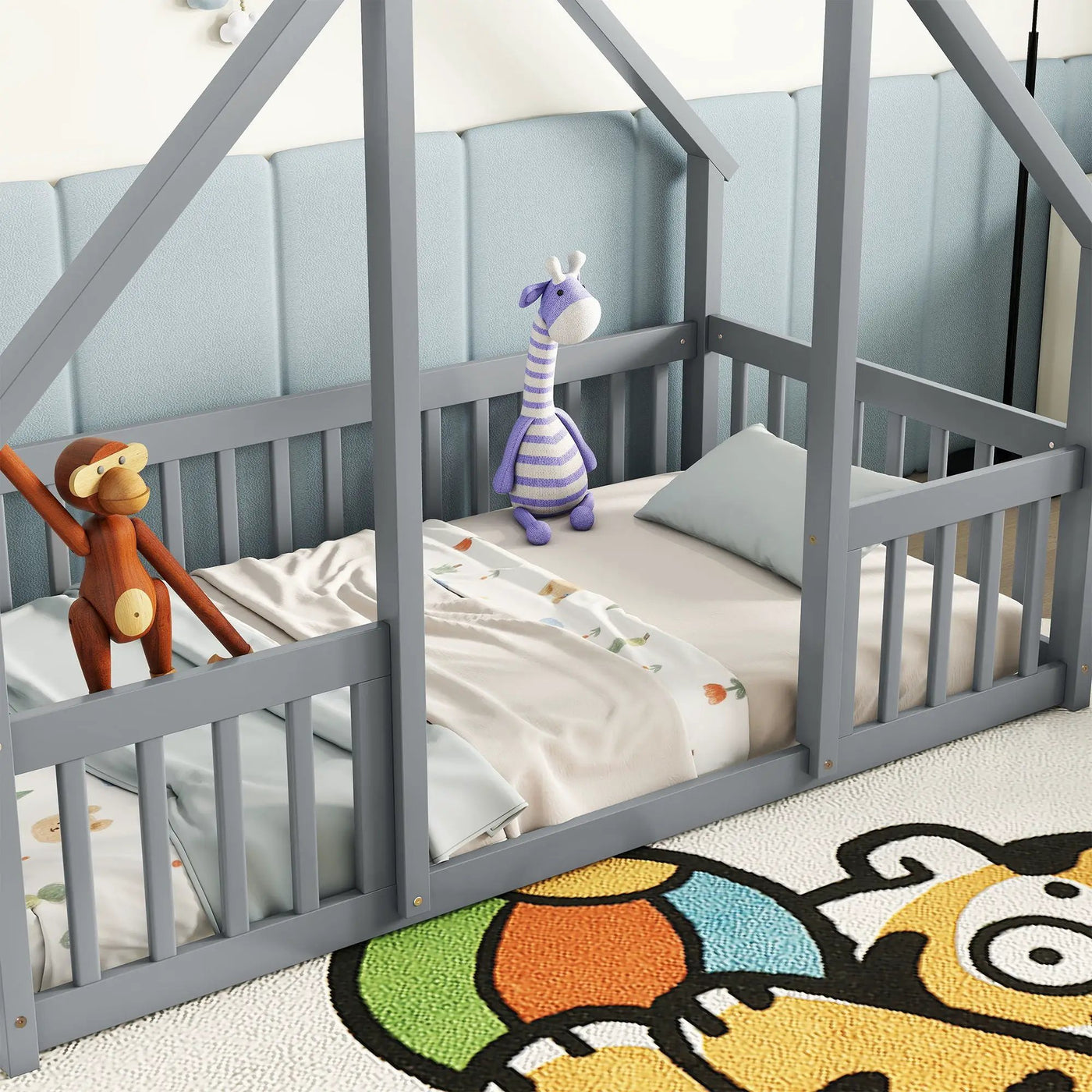 Wood House-Shaped Floor Bed With Fence, Guardrails by Unique Piece Furniture