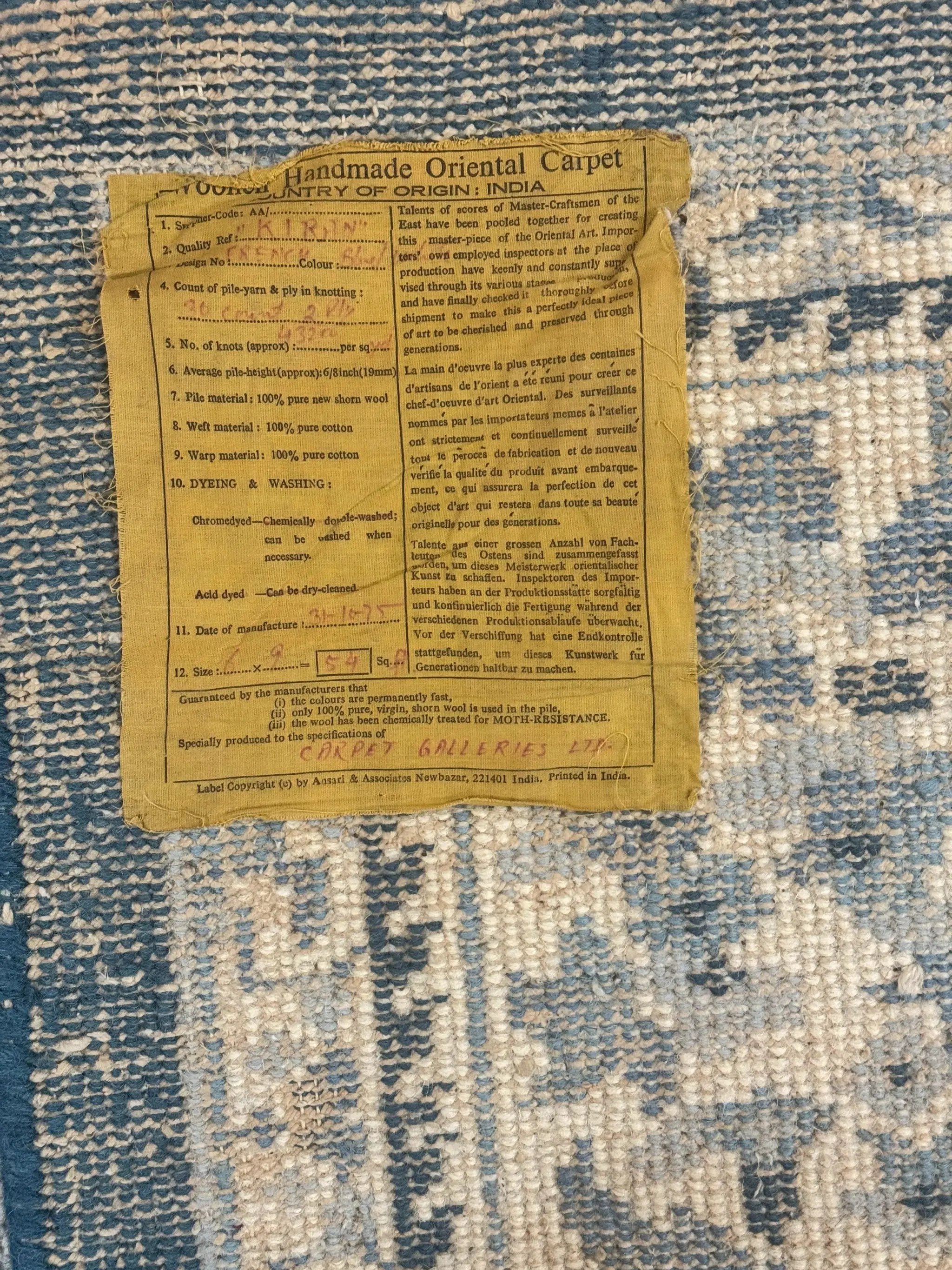Indo Chinese Aubusson Rug 6x9, Light Blue and Ivory, Handmade Vintage Wool Carpet by Jewel Rugs