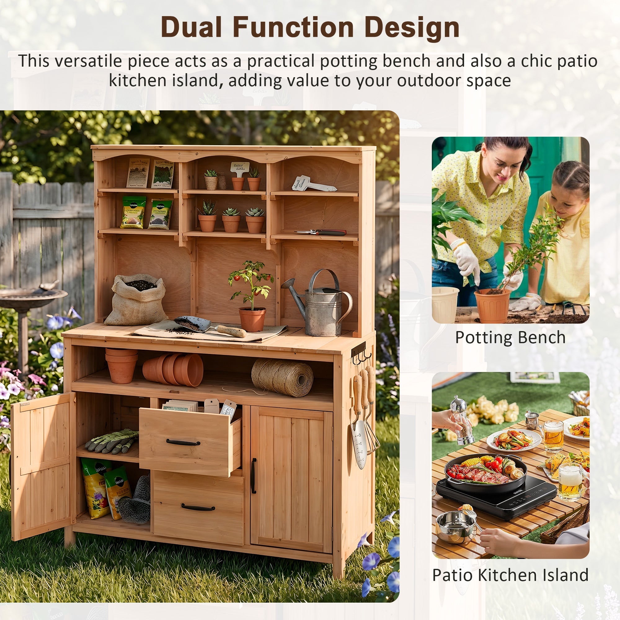 TOPMAX Large Fir Wood Potting Bench with Hutch, Cabinets & Drawers by HouseOfZazla