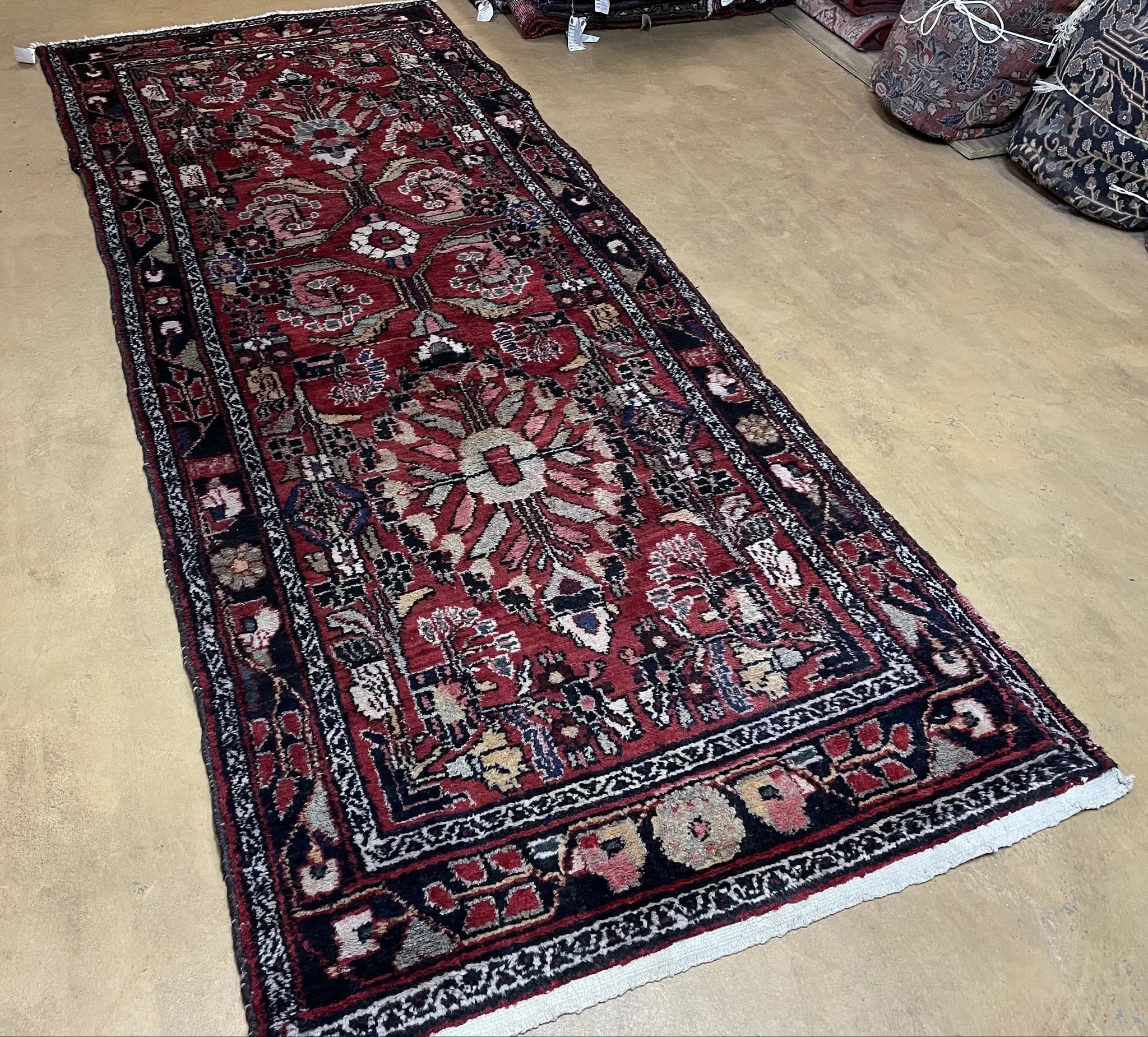 Antique Persian Hamadan Runner Rug 3.4 x 9, Red, Handmade Wool Runner by Jewel Rugs