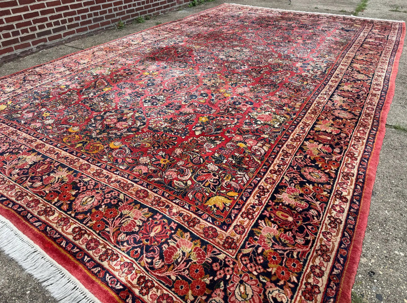 Large Antique Persian Sarouk Rug 11x18, Red, Floral Allover, Palace Size Wool Handmade Carpet by Jewel Rugs