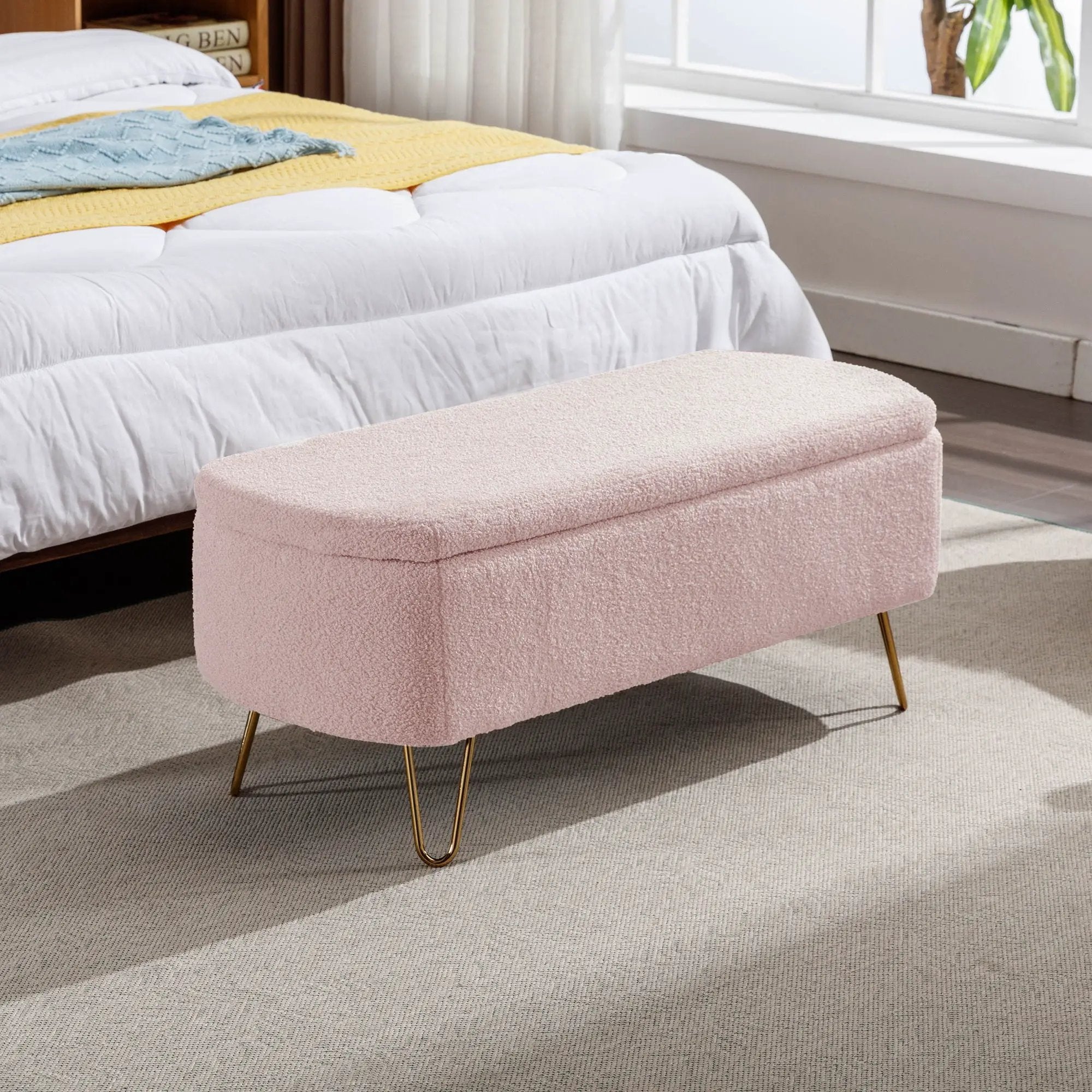 Storage Ottoman Bench For End Of Bed Legs, Modern Camel Faux Fur Entryway Bench Upholstered Padded With Storage For Living Room Bedroom by Unique Piece Furniture