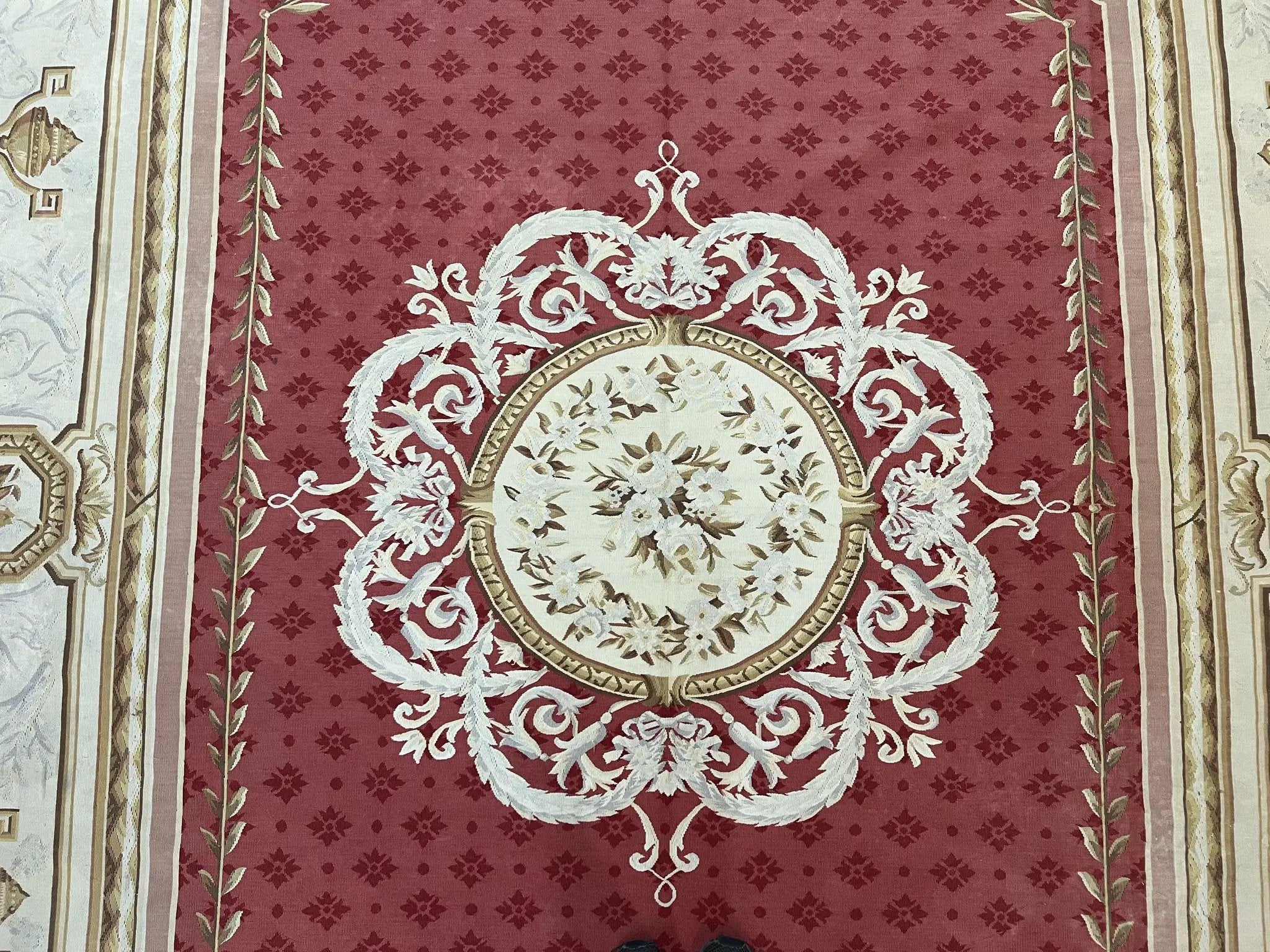 Aubusson Rug 9x12 ft, Red and Ivory Elegant Aubusson Carpet, Flatweave, Vintage Wool Handmade Area Rug 9 x 12, French European Design by Jewel Rugs