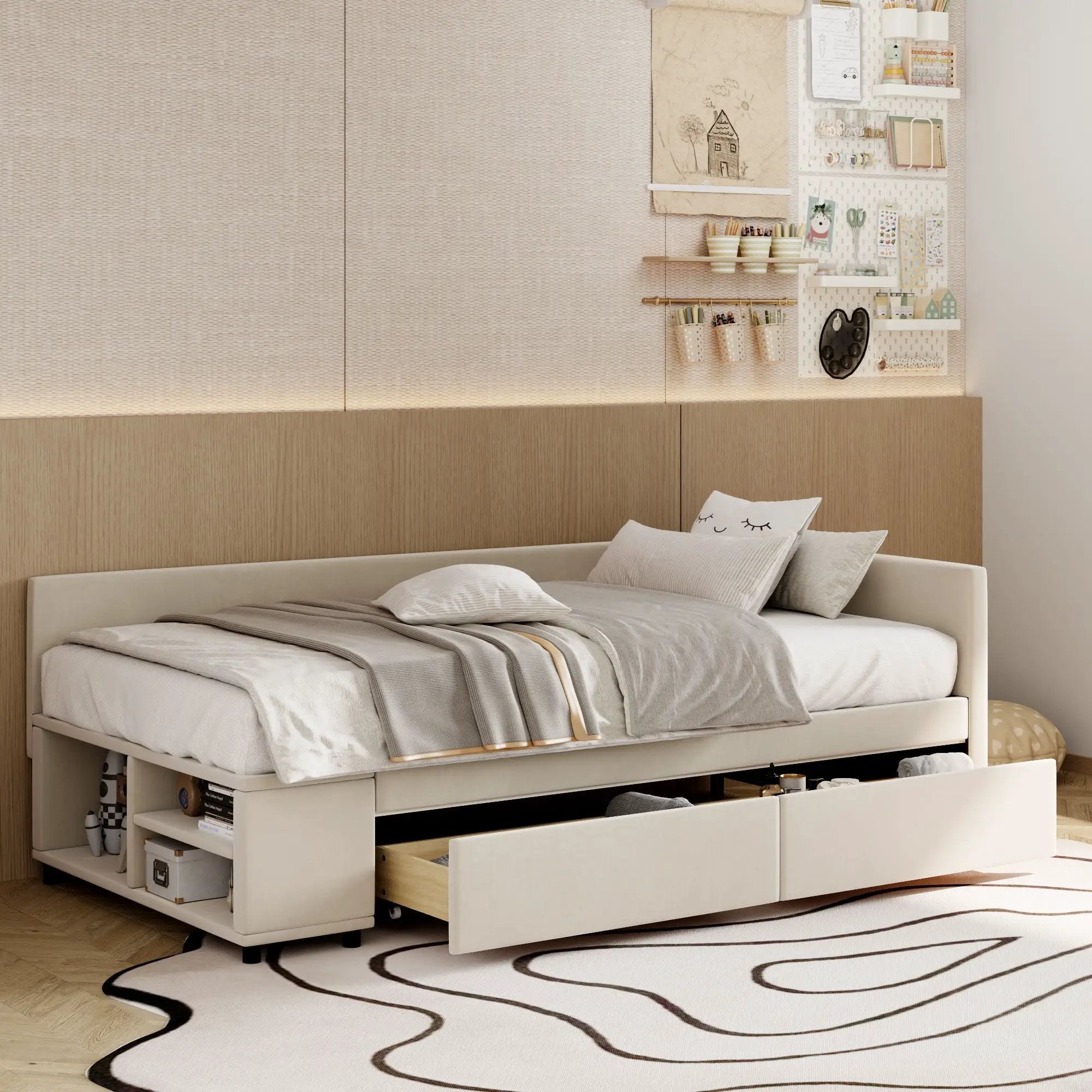 L Shaped Upholstered Platform Bed With Storage And Drawers by HouseOfZazla