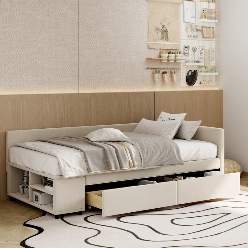 L Shaped Upholstered Platform Bed With Storage And Drawers by HouseOfZazla