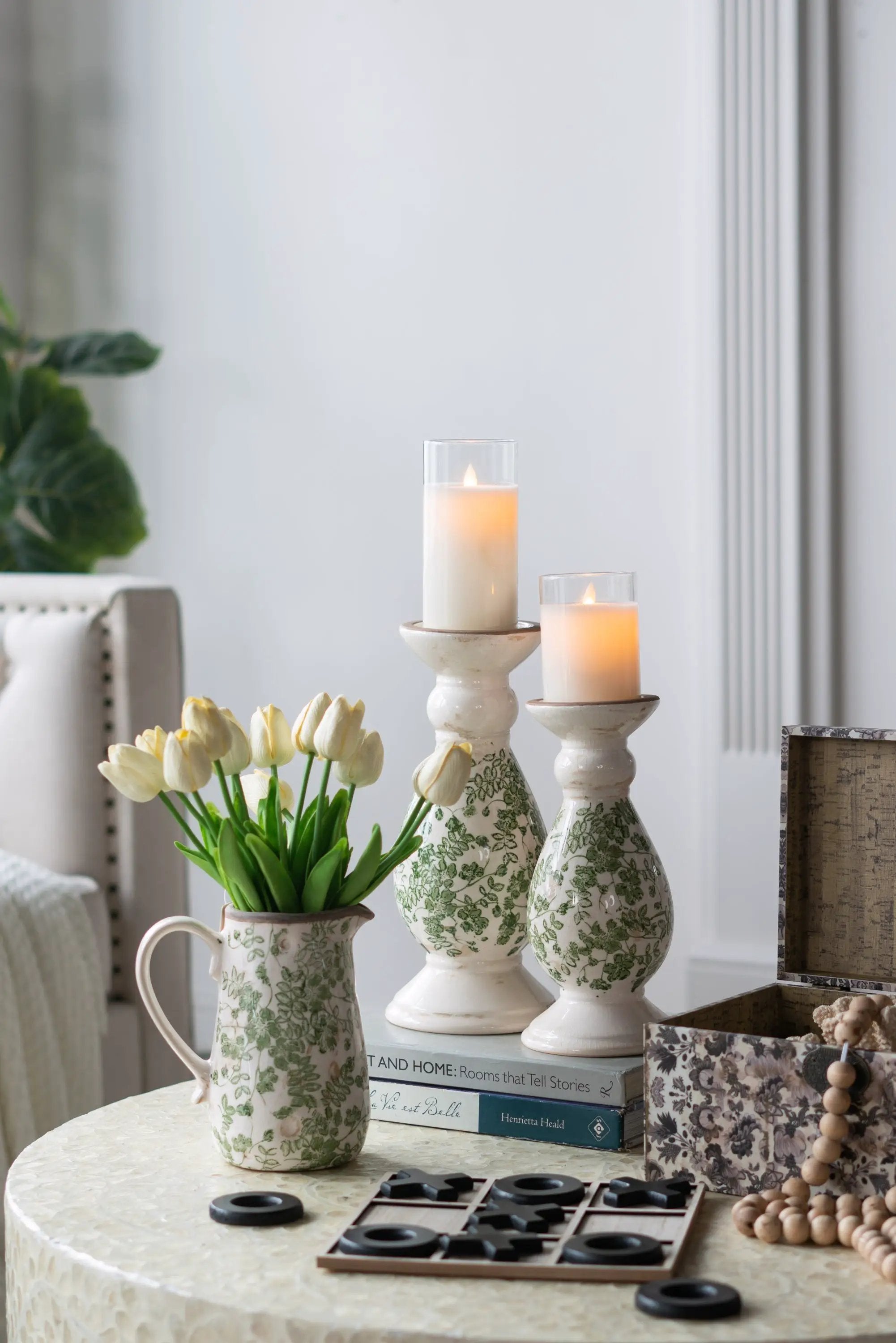 D4.7x10' White Ceramic Candle Holder with Green Floral Patterns, Small by HouseOfZazla
