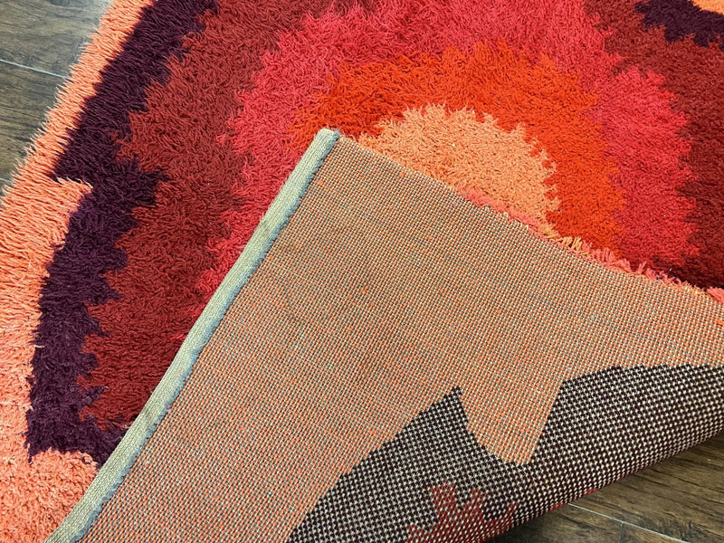 Danish Rya Shag Rug 4x6, Mid Century 1960s Retro Vintage Wool Rug, Shades of Red by Jewel Rugs