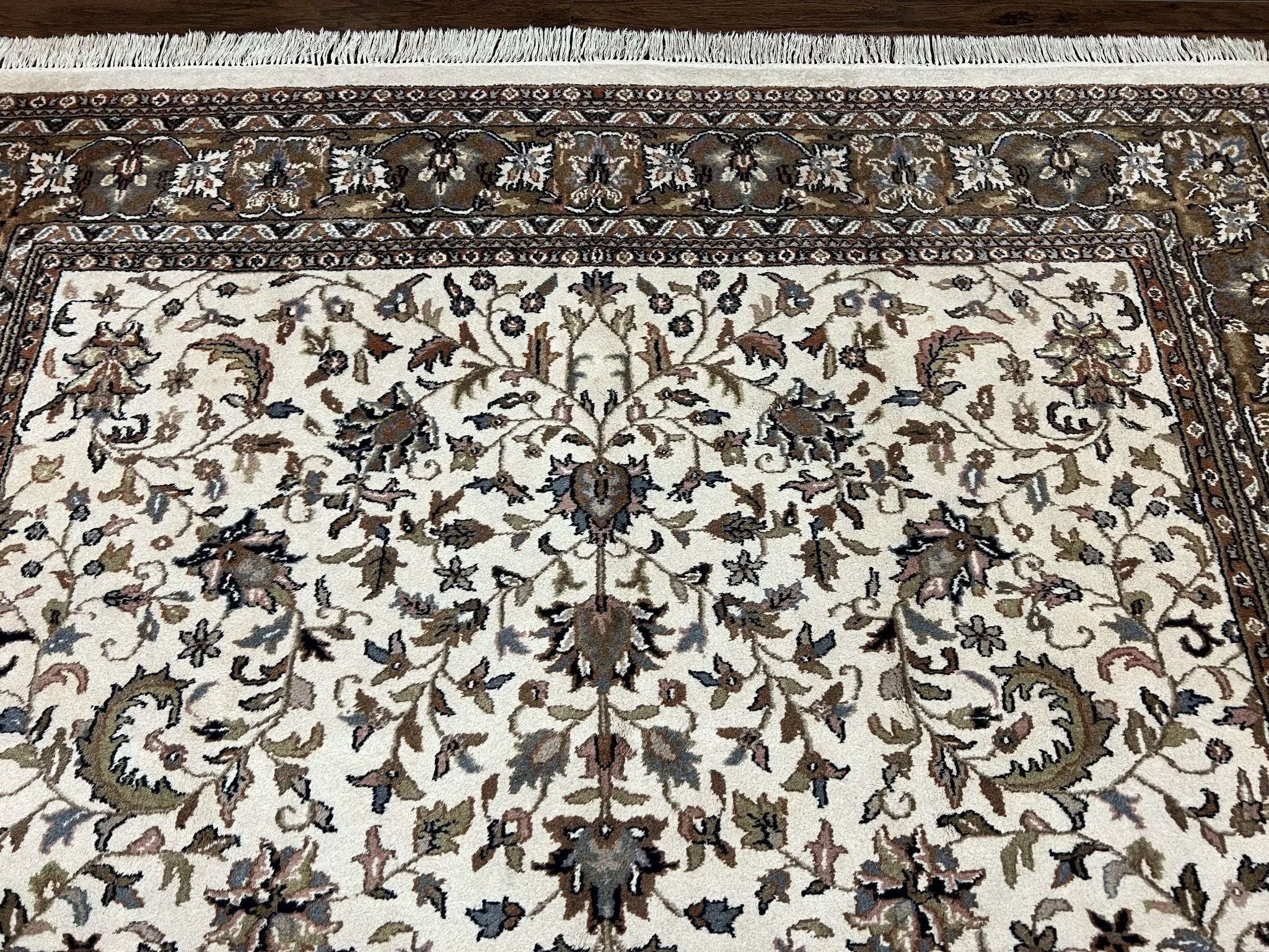 Indo Kirman Rug 8x12 Allover Floral Design, Ivory/Cream Brown, Vintage Handmade Hand Knotted Rug, Traditional Wool Persian Carpet 8 x 12 by Jewel Rugs