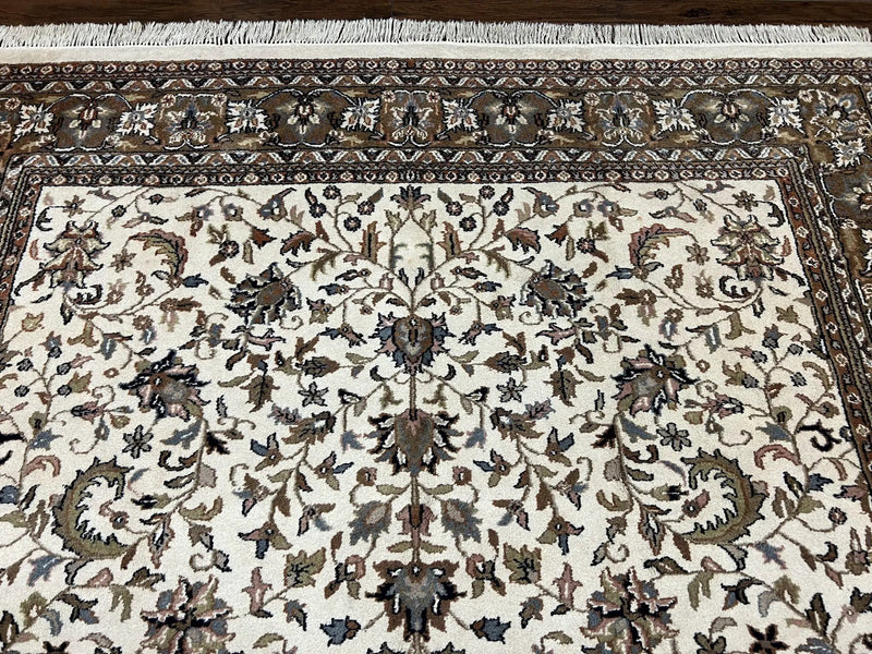 Indo Kirman Rug 8x12 Allover Floral Design, Ivory/Cream Brown, Vintage Handmade Hand Knotted Rug, Traditional Wool Persian Carpet 8 x 12 by Jewel Rugs