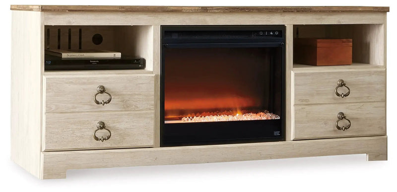 Willowton - 64" TV Stand With Glass/Stone Fireplace Insert - Whitewash by Unique Piece Furniture
