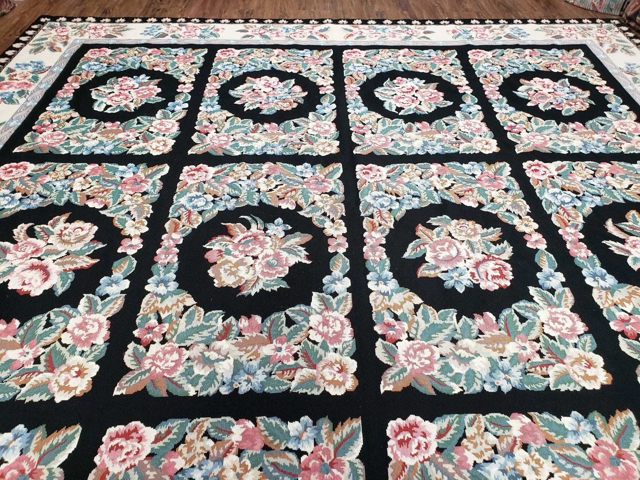 Floral Needlepoint Rug 9.5 x 13.6, Floral Panel Design, Black and Ivory Flatweave Aubusson Carpet, Multicolor by Jewel Rugs