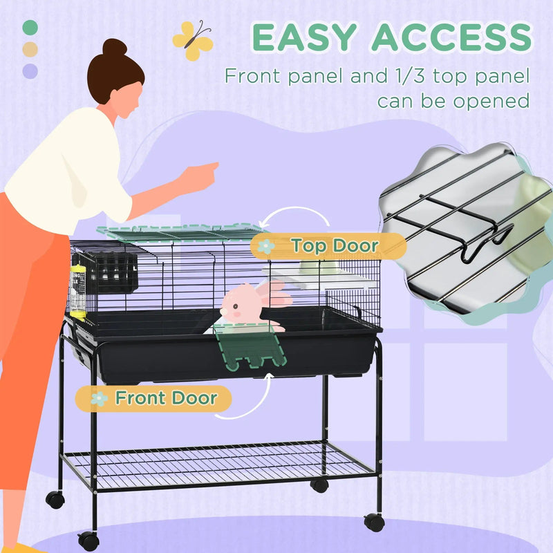 Pawhut - Two-Story Small Animal Cage Removable From Stand, Guinea Pig Cage, Hedgehog Cage, Chinchilla Cage, Ferret, With Shelf & Wheels, Pet Habitat - Black by HouseOfZazla