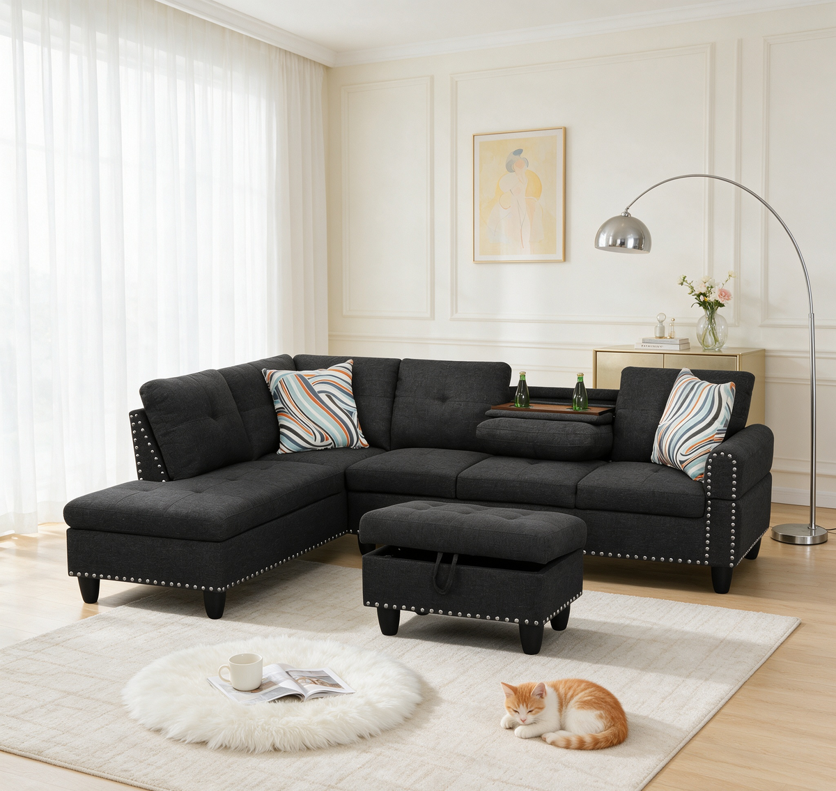 Reversible L-Shaped Sectional Couch with Storage Ottoman, Tufted by HouseOfZazla
