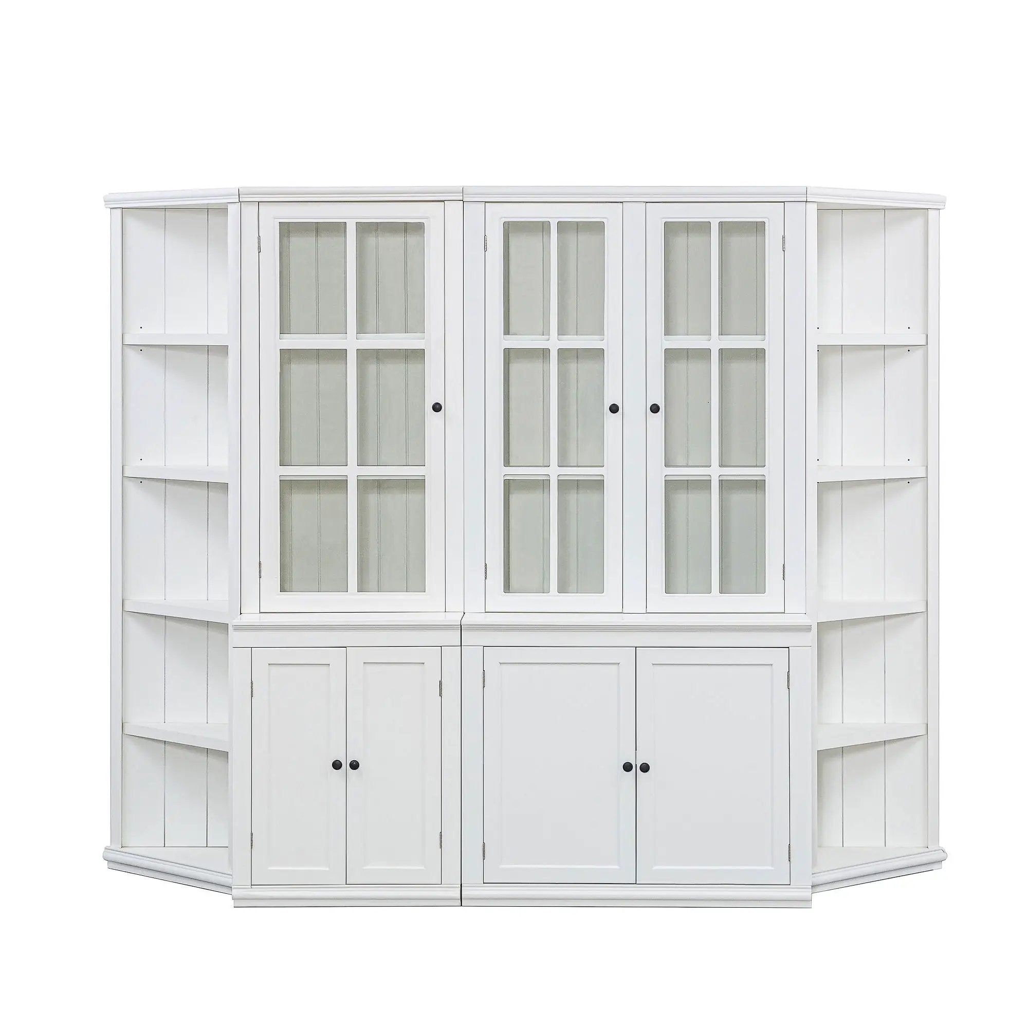 Retro Style Wall Suit With Glass Doors, 75.25" Tall Display Cabinets & Triangle Sided Bookshelves - White by Unique Piece Furniture
