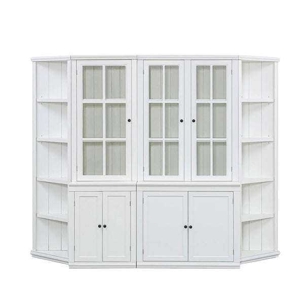 Retro Style Wall Suit With Glass Doors, 75.25" Tall Display Cabinets & Triangle Sided Bookshelves - White