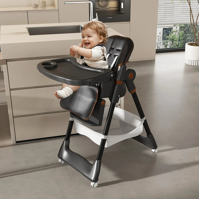 Adjustable Baby High Chair 0-6 Years, Portable Infant Feeding Seat With Safety Belt, Silent Lockable Wheels by Unique Piece Furniture