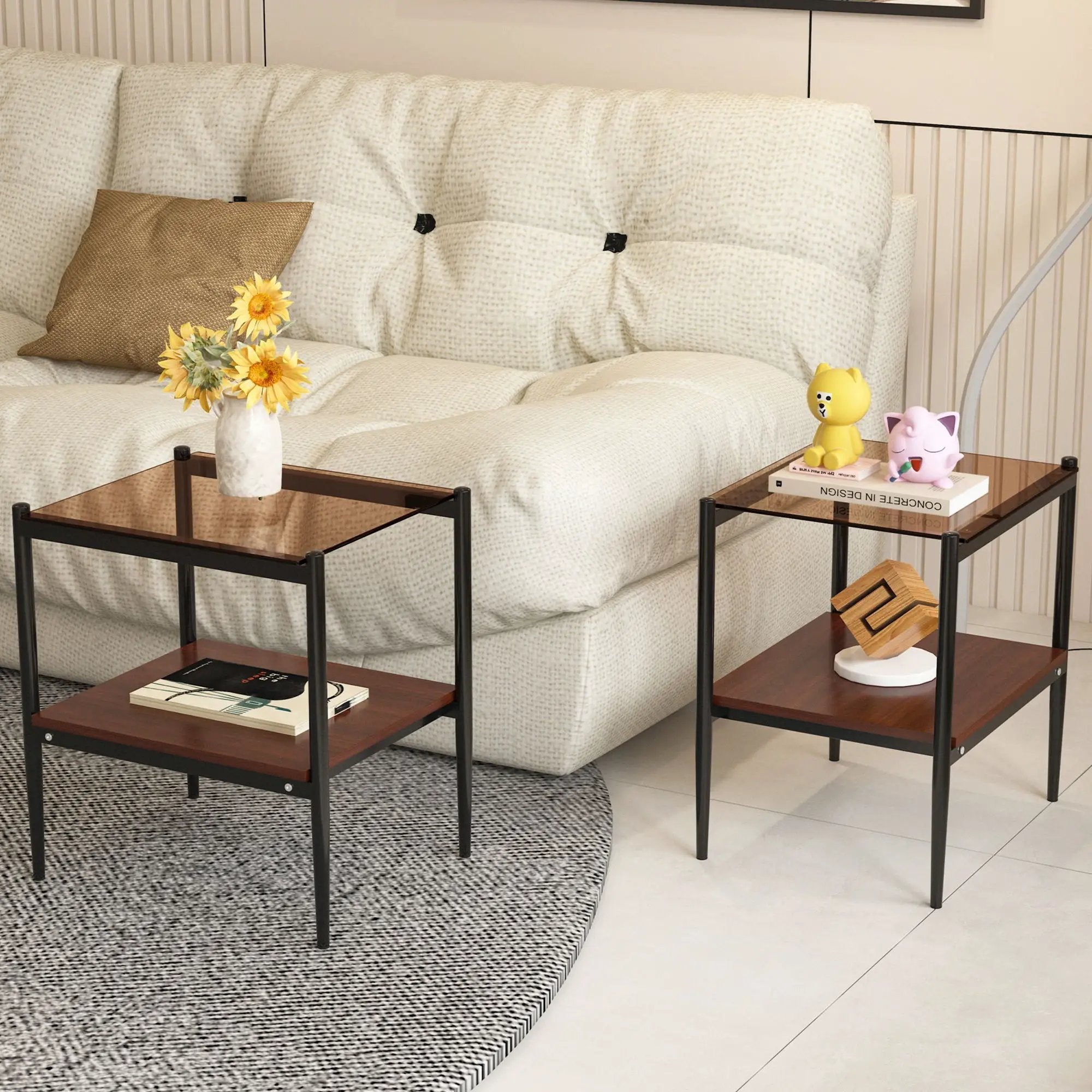 Modern Rectangle End Table (Set of 2) With Tempered Glass Tabletop And Layer - Brown by Unique Piece Furniture