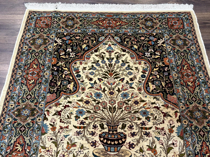Rare Turkish Hereke Silk Rug 3x5, Tree of Life Persian Vase Design, Very Fine 440 KPSI, Signed by Jewel Rugs