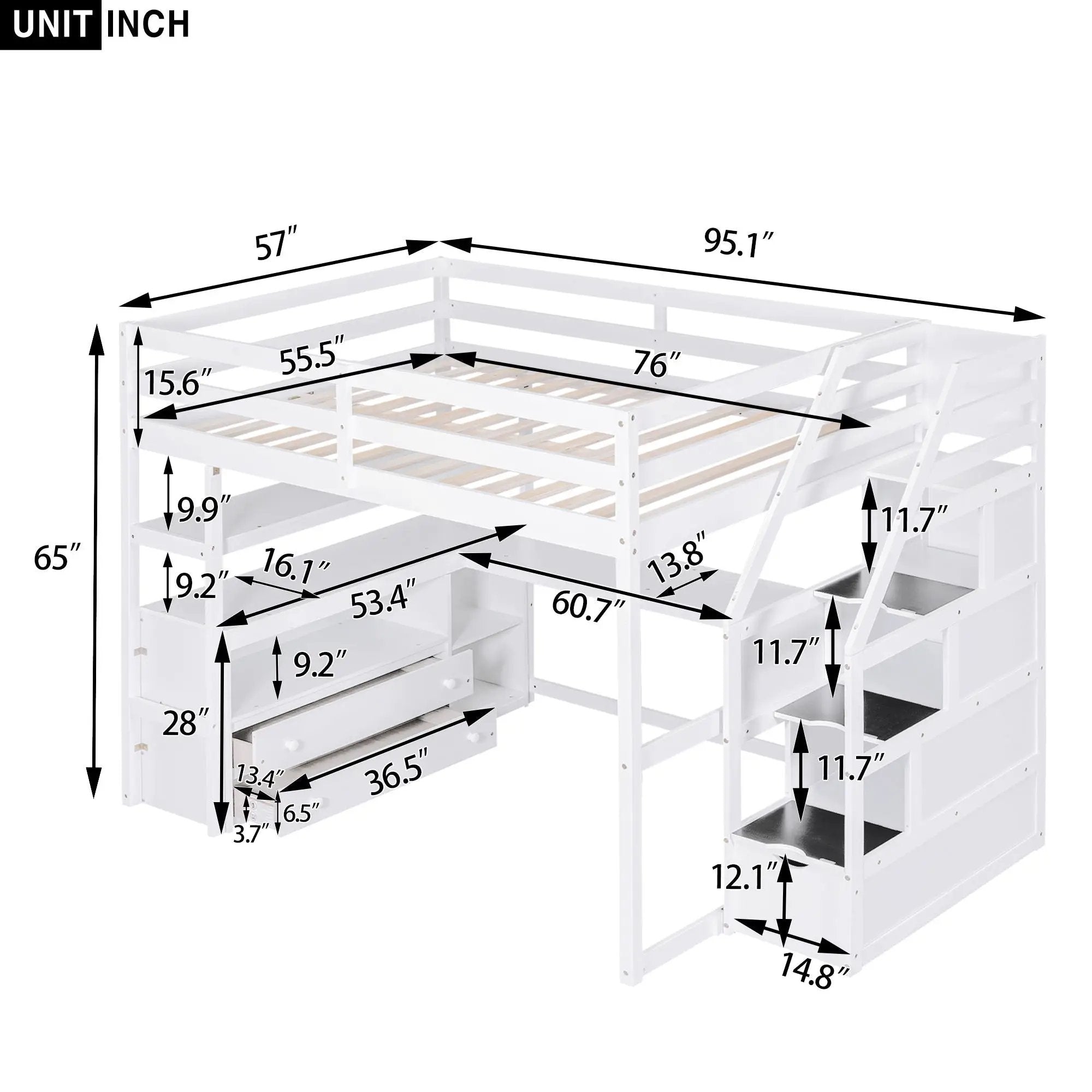 Loft Bed With Desk, Shelves, 2 Drawers, Storage Staircase by Unique Piece Furniture