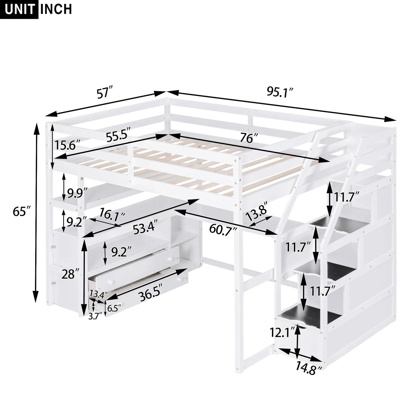 Loft Bed With Desk, Shelves, 2 Drawers, Storage Staircase by HouseOfZazla