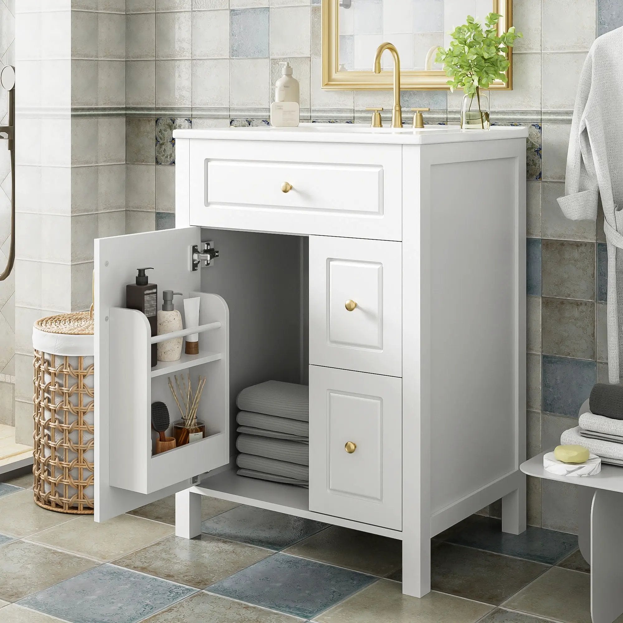 Elegant Bathroom Vanity With Ceramic Sink, Soft Close Doors And Drawers, Double Storage Racks by Unique Piece Furniture