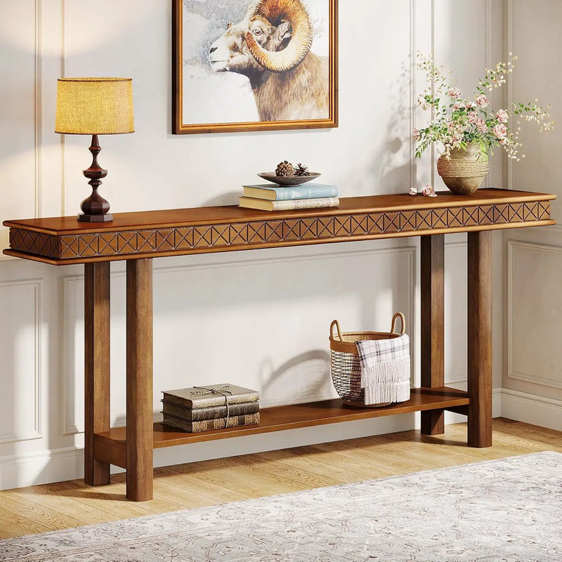 Extra Long Console Table, Sofa Table With 2 Tier Storage For Living Hallway - Rustic Brown by HouseOfZazla
