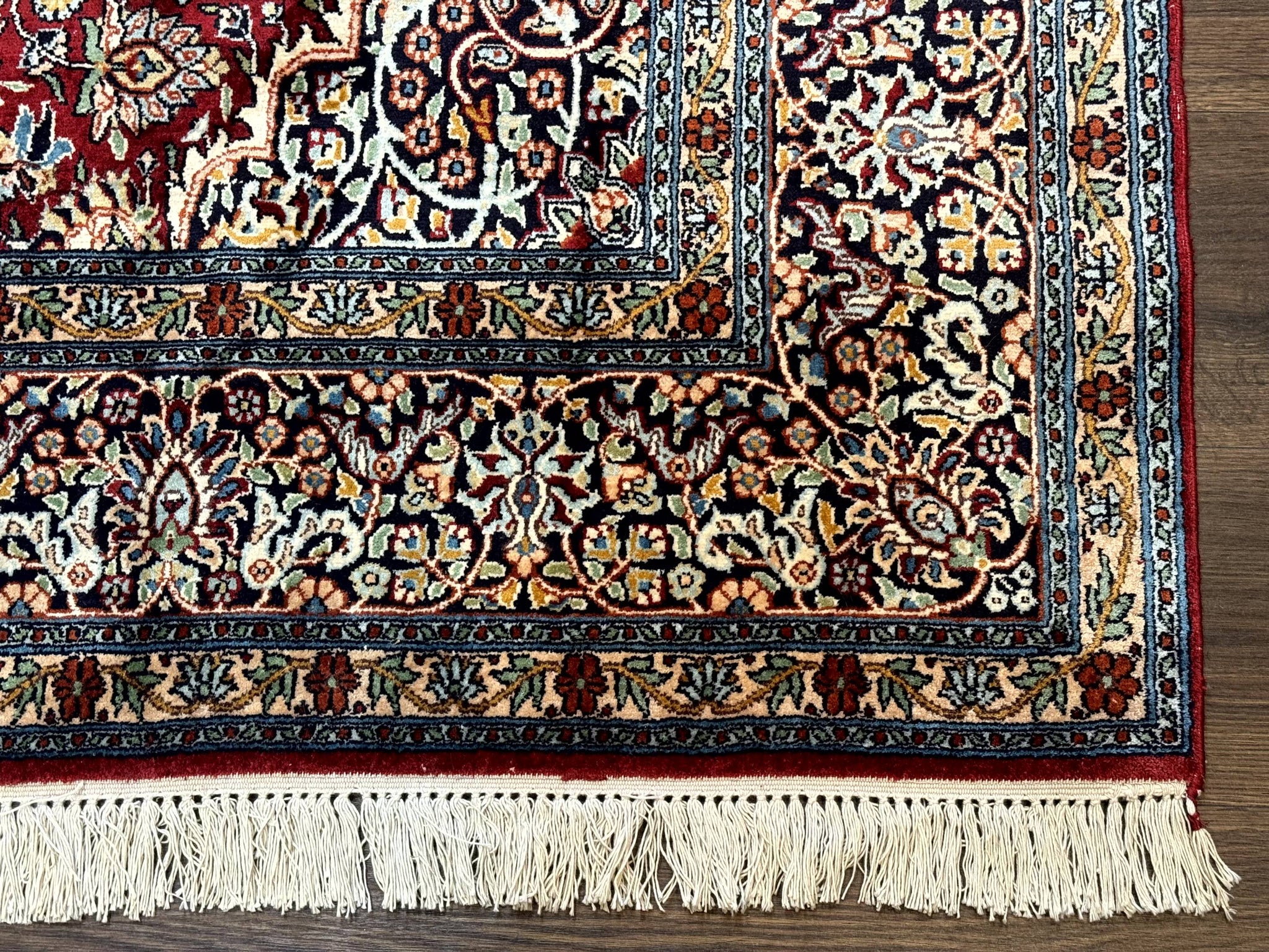 Indian Kashmiri Silk Rug 6x9, Red and Navy Blue, Floral Medallion, Fine 275 KPSI by Jewel Rugs