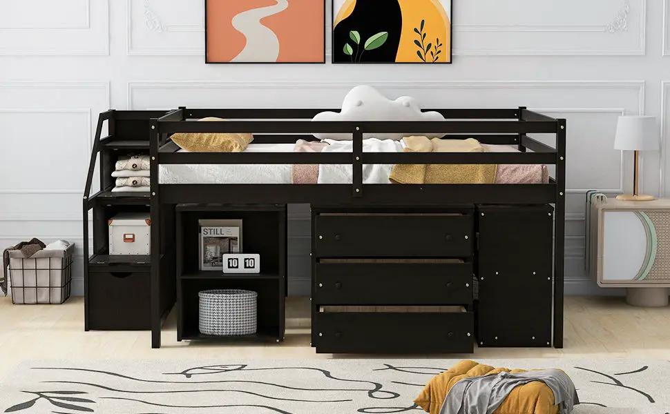 Loft Bed With Retractable Writing Desk And 3 Drawers With Storage Stairs And Shelves by HouseOfZazla