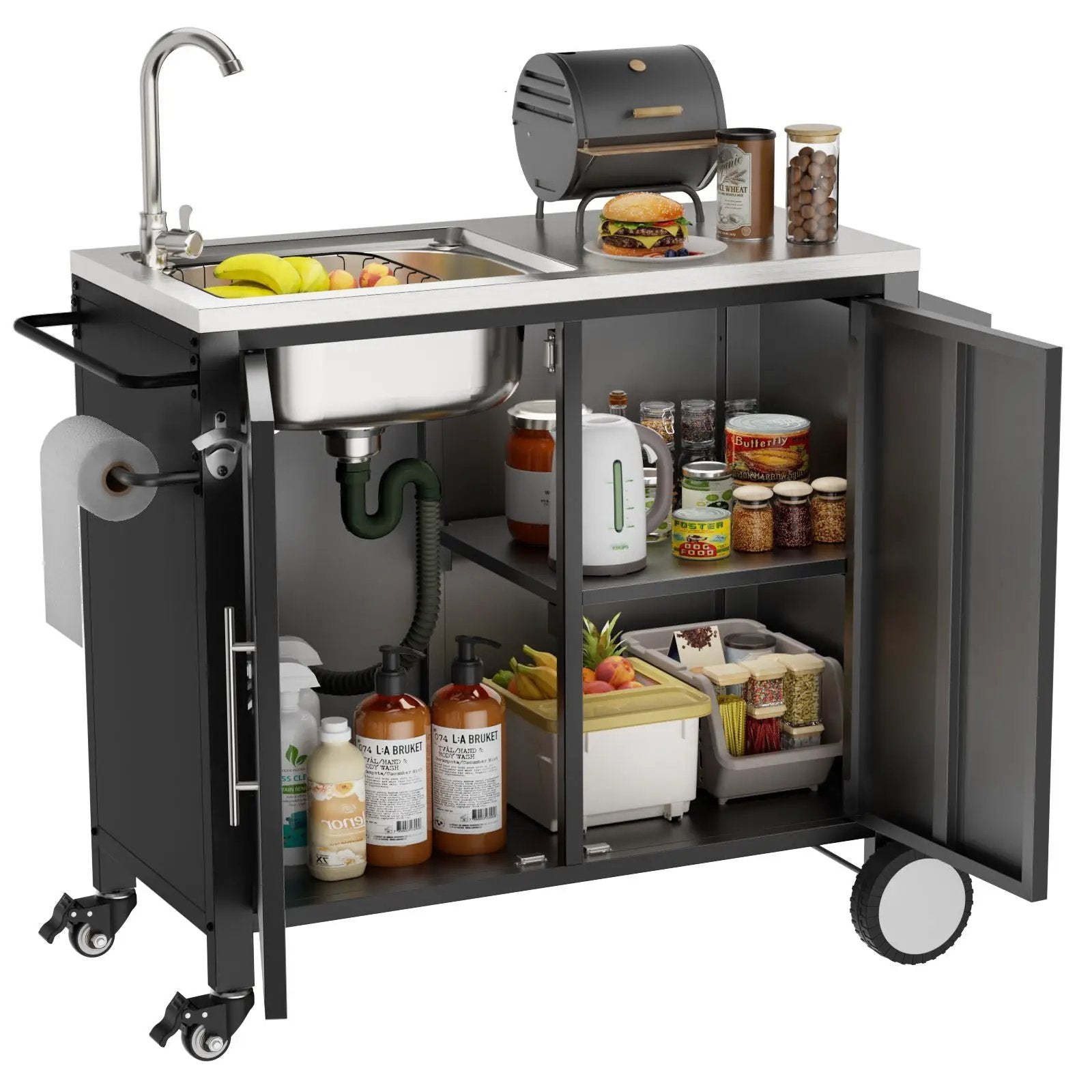 Outdoor Grill Cart With 304 Stainless Steel Sink And Cabinet - Black / Silver by HouseOfZazla
