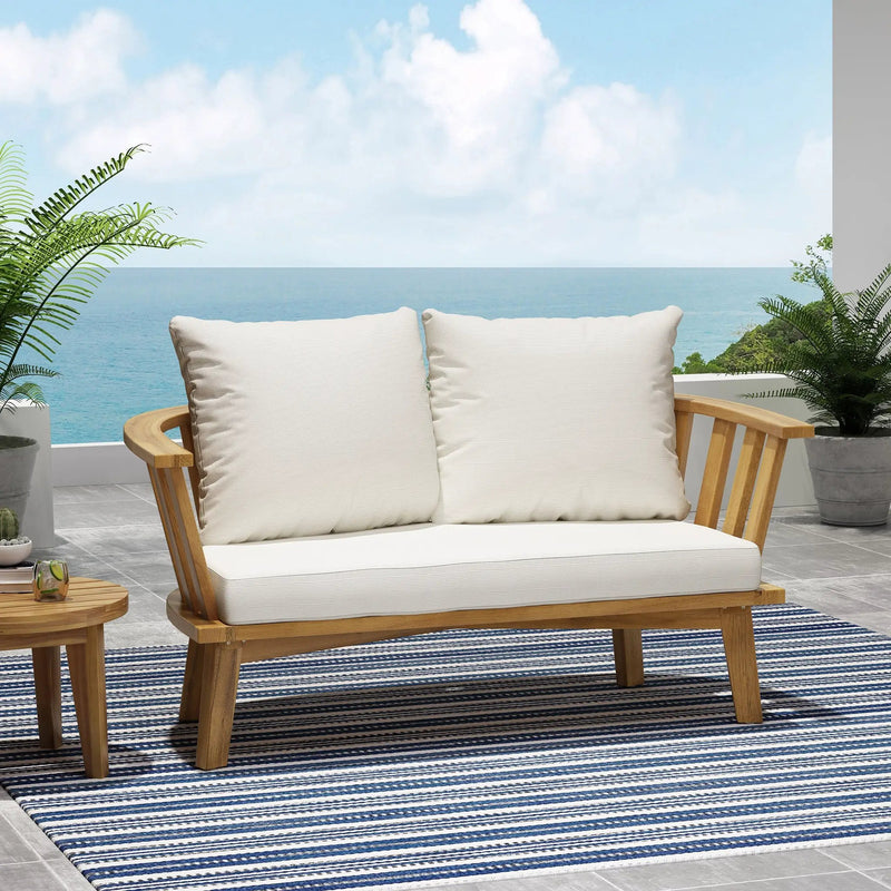 Outdoor Wooden Loveseat with Cushions - White/Teak by HouseOfZazla